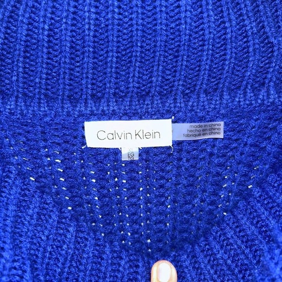 Calvin Klein Women's Sweater XL Cable Knit Chunky Turtleneck Cobalt Blue Fringe - Picture 4 of 8
